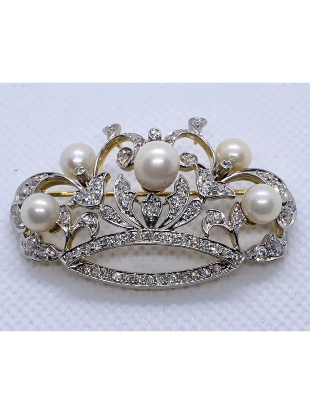 Platinum 950 18K Yellow Gold Pearl & Diamond Tiara Brooch